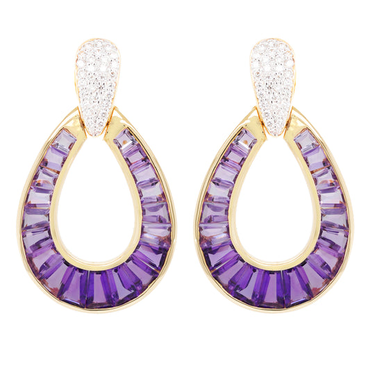 Boucles d'oreilles goutte de pluie en diamant et améthyste baguette conique en or 18 carats