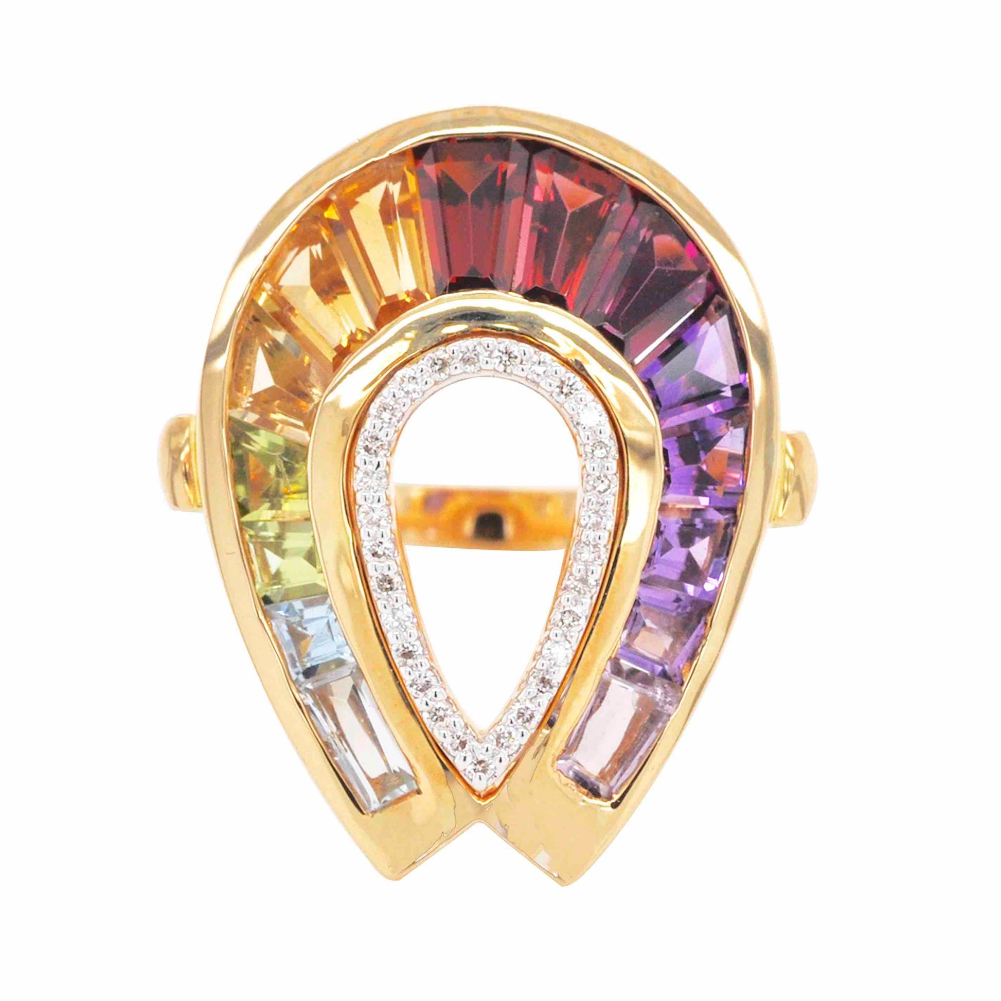 18K Gold Rainbow Taper Baguette Doorknocker Diamond Ring