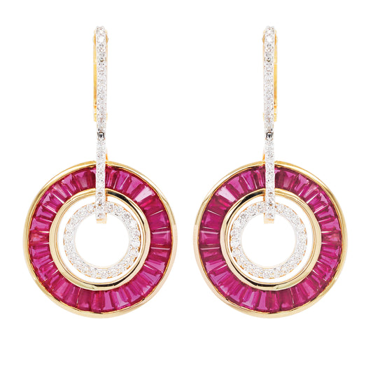 18k gold ruby circle diamond dangle earrings