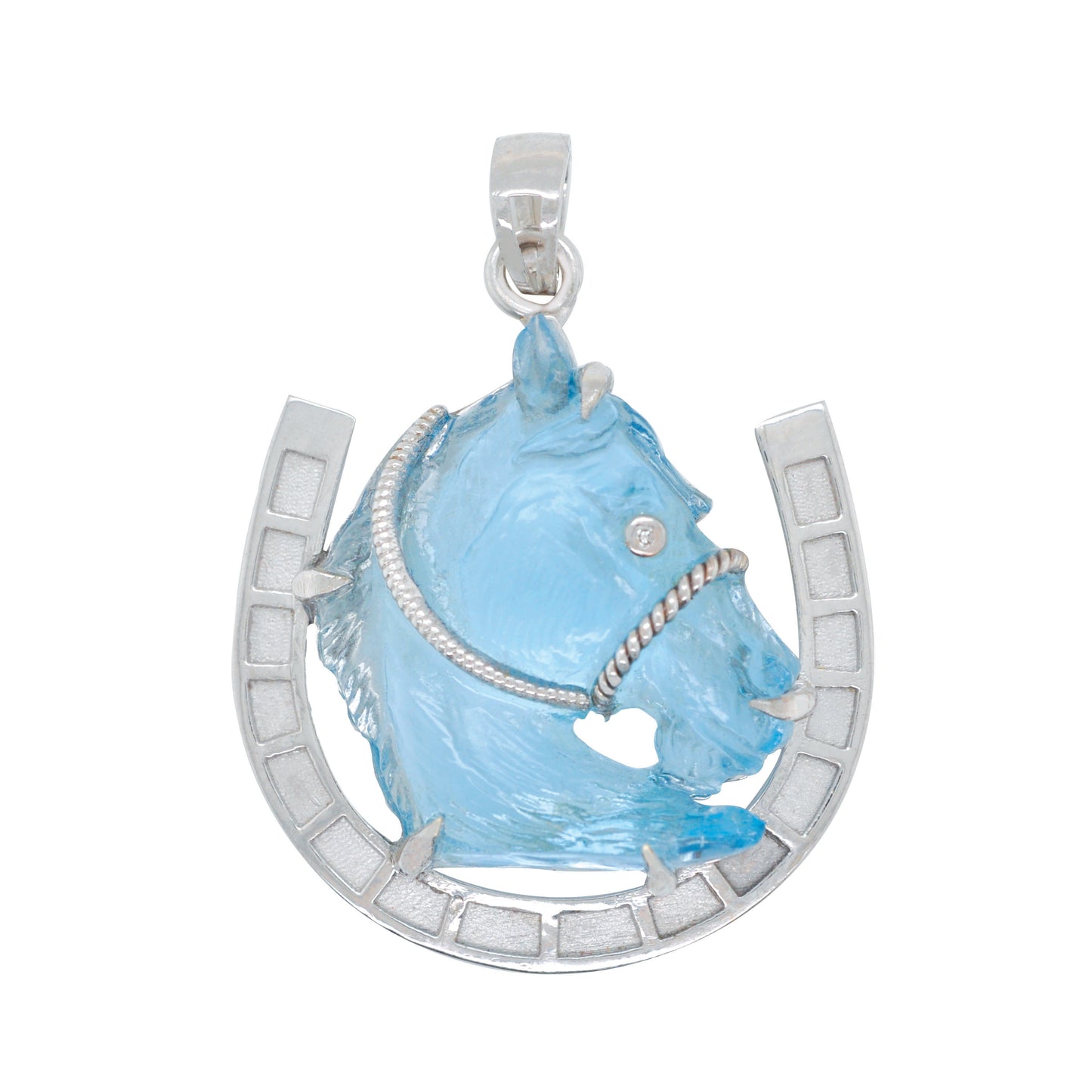 Hand-Carved Swiss Blue Topaz Horse Shoe Pendant