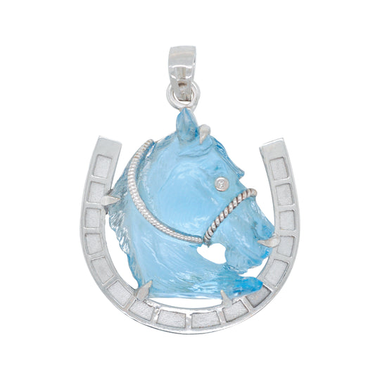 Hand-Carved Swiss Blue Topaz Horse Shoe Pendant
