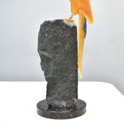 Hand-Carved Calcite Macaw with Amazonite, Fluorite and Onyx on Amethyst Base