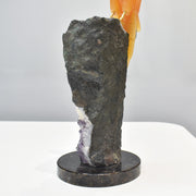 Hand-Carved Calcite Macaw with Amazonite, Fluorite and Onyx on Amethyst Base