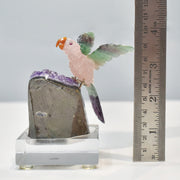 Hand-Carved Rose Quartz Bird with Fluorite Wings Natural Amethyst Base Sculpture