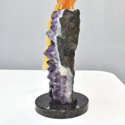 Hand-Carved Calcite Macaw with Amazonite, Fluorite and Onyx on Amethyst Base