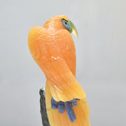 Hand-Carved Calcite Macaw with Amazonite, Fluorite and Onyx on Amethyst Base