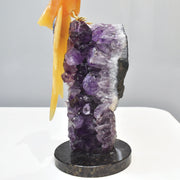 Hand-Carved Calcite Macaw with Amazonite, Fluorite and Onyx on Amethyst Base