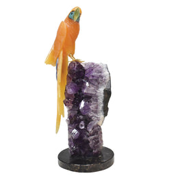 Hand-Carved Calcite Macaw with Amazonite, Fluorite and Onyx on Amethyst Base
