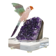 Hand-Carved Rose Quartz Bird with Fluorite Wings Natural Amethyst Base Sculpture