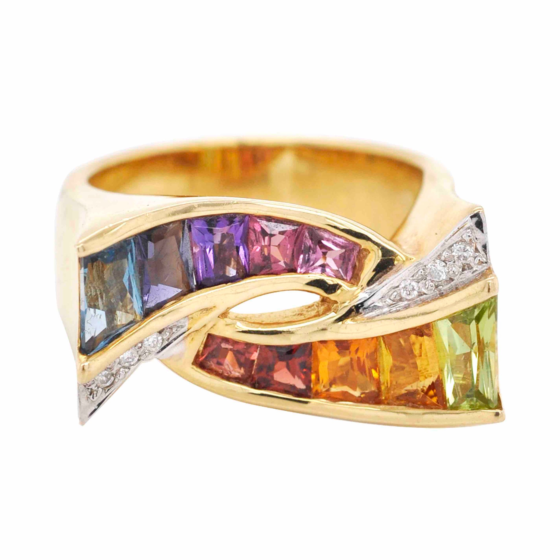 Unique Multicolor rainbow Taper Baguette Diamond Ring
