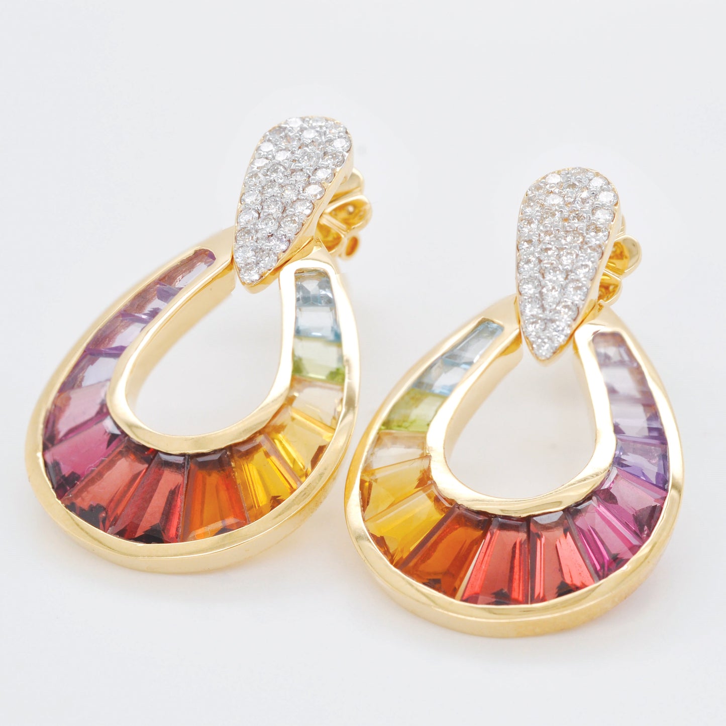 Ensemble de gouttes de pluie en diamant et pierres précieuses arc-en-ciel en or 18 carats