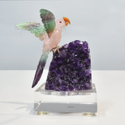 Hand-Carved Rose Quartz Bird with Fluorite Wings Natural Amethyst Base Sculpture