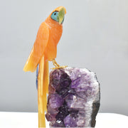 Hand-Carved Calcite Macaw with Amazonite, Fluorite and Onyx on Amethyst Base