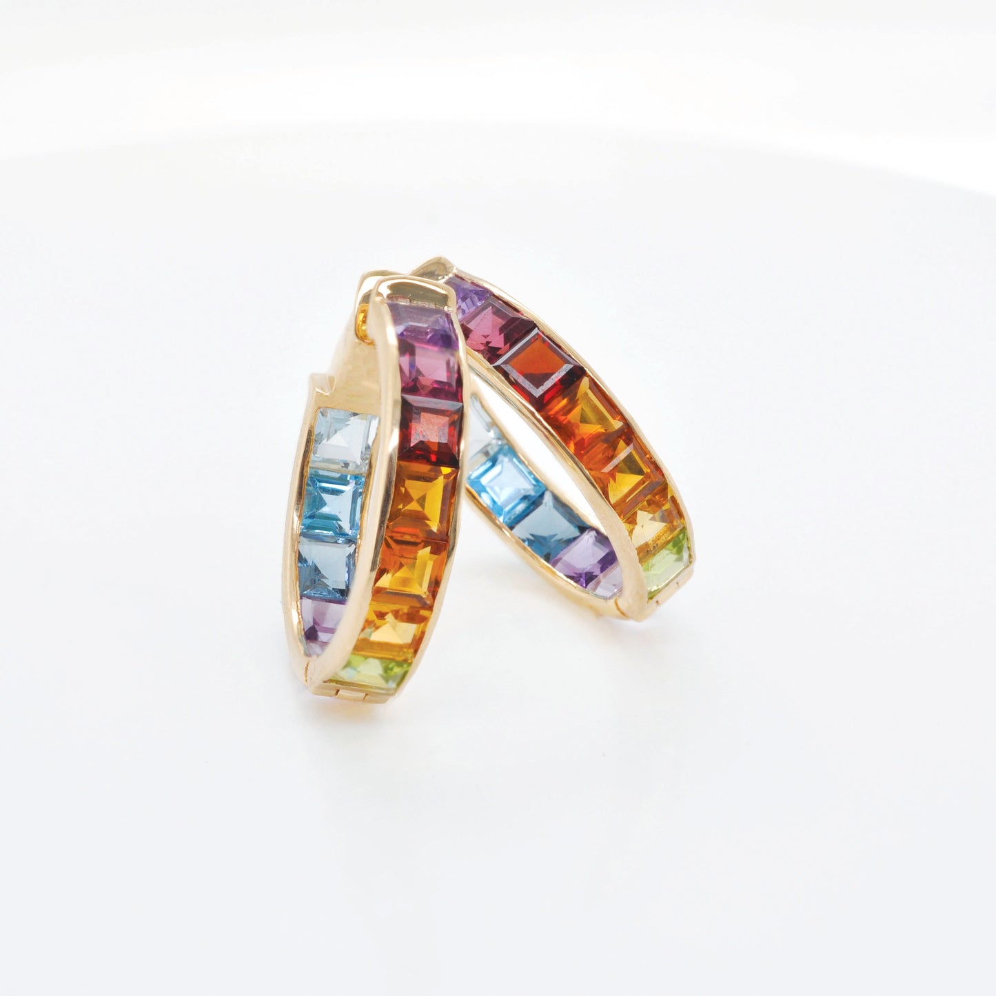 18K Gold Rainbow Gemstones Channel Set Hoop Earrings