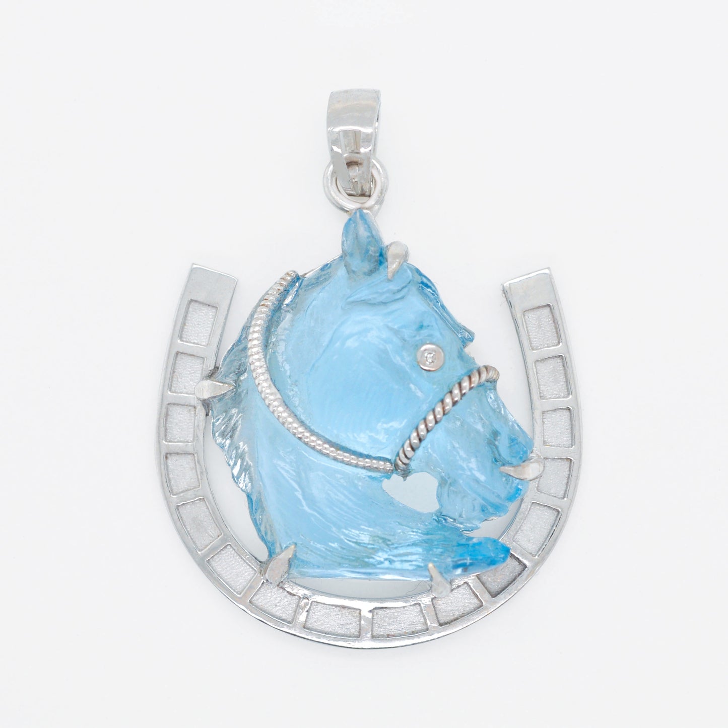 Hand-Carved Swiss Blue Topaz Horse Shoe Pendant