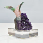 Hand-Carved Rose Quartz Bird with Fluorite Wings Natural Amethyst Base Sculpture