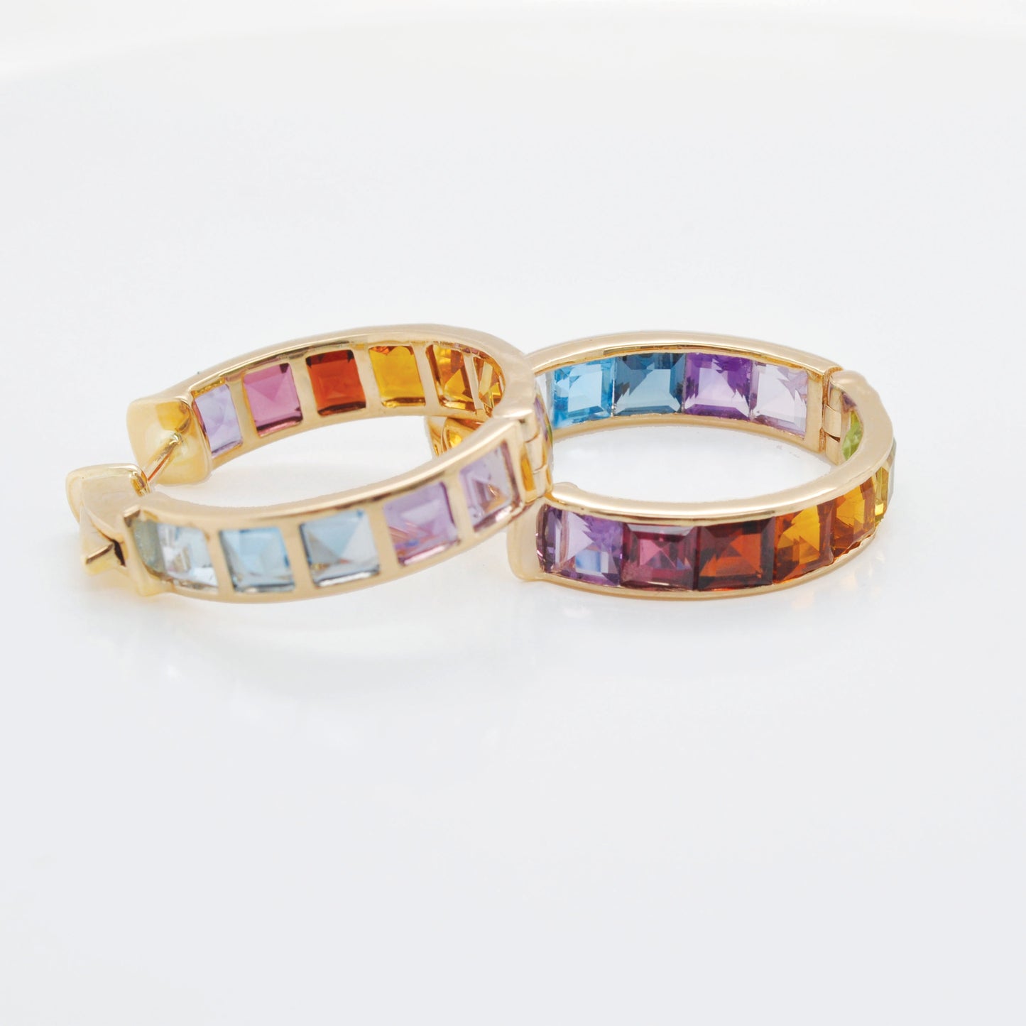 18K Gold Rainbow Gemstones Channel Set Hoop Earrings