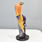 Hand-Carved Calcite Macaw with Amazonite, Fluorite and Onyx on Amethyst Base