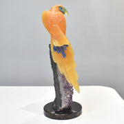 Hand-Carved Calcite Macaw with Amazonite, Fluorite and Onyx on Amethyst Base
