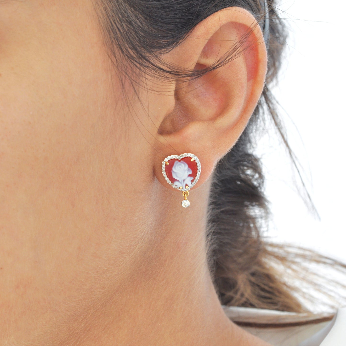 Cameo Flower Heart Stud Earrings