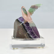 Hand-Carved Rose Quartz Bird with Fluorite Wings Natural Amethyst Base Sculpture