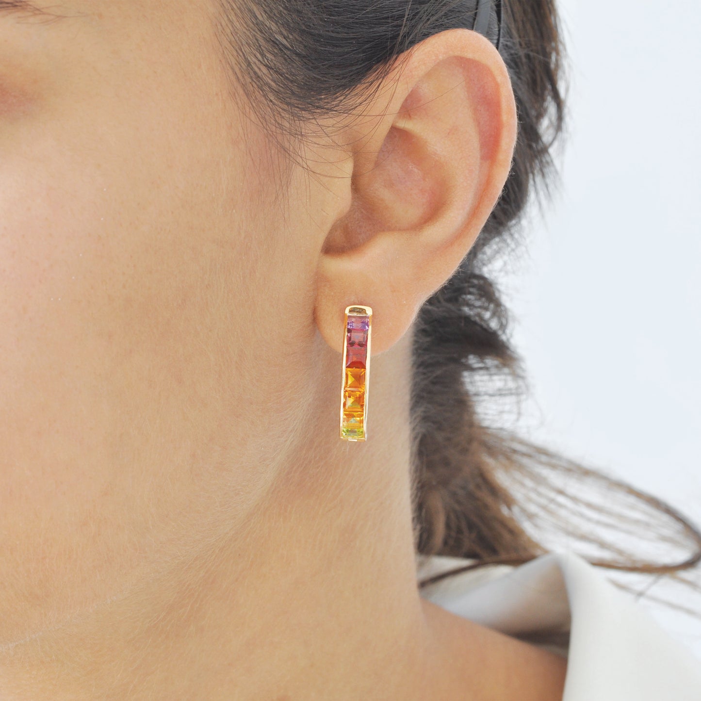 18K Gold Rainbow Gemstones Channel Set Hoop Earrings