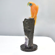 Hand-Carved Calcite Macaw with Amazonite, Fluorite and Onyx on Amethyst Base