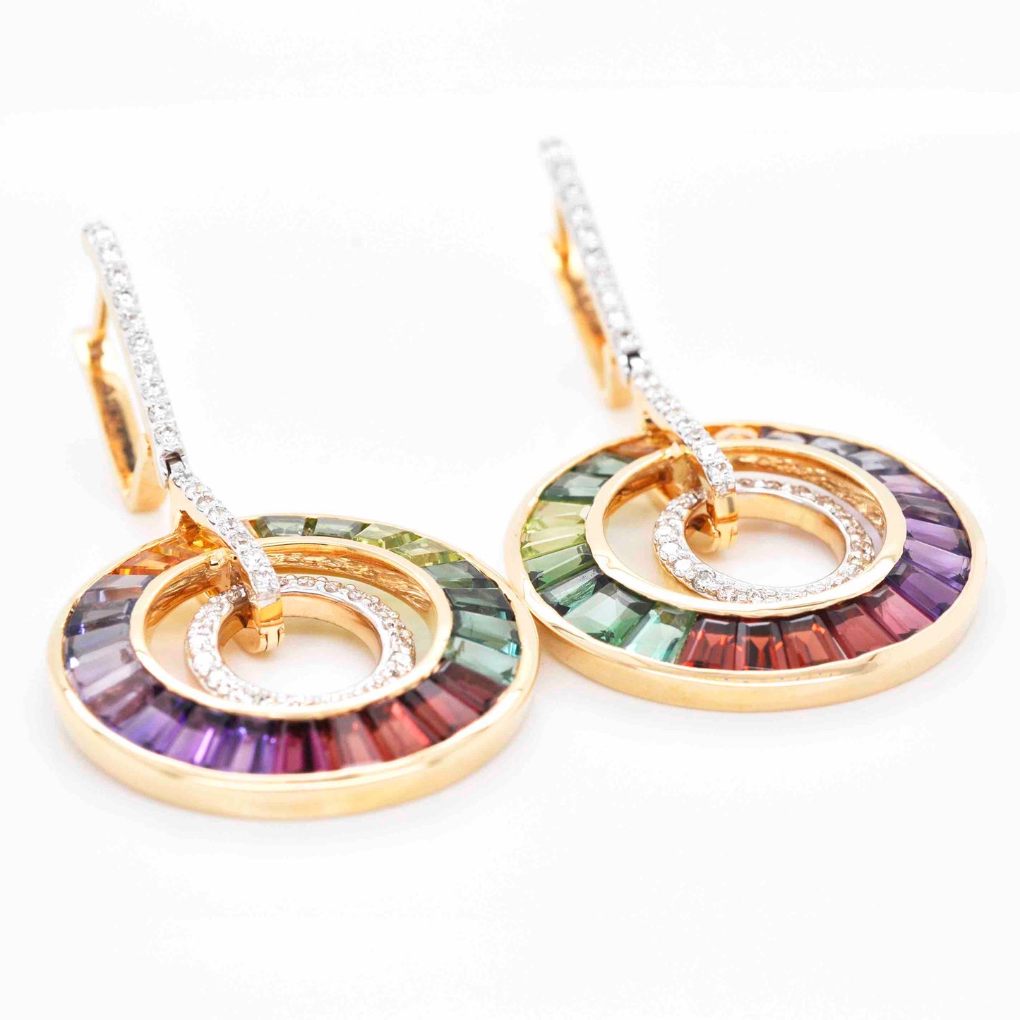 18k gold multicolor rainbow diamond dangle drop earrings
