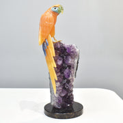 Hand-Carved Calcite Macaw with Amazonite, Fluorite and Onyx on Amethyst Base