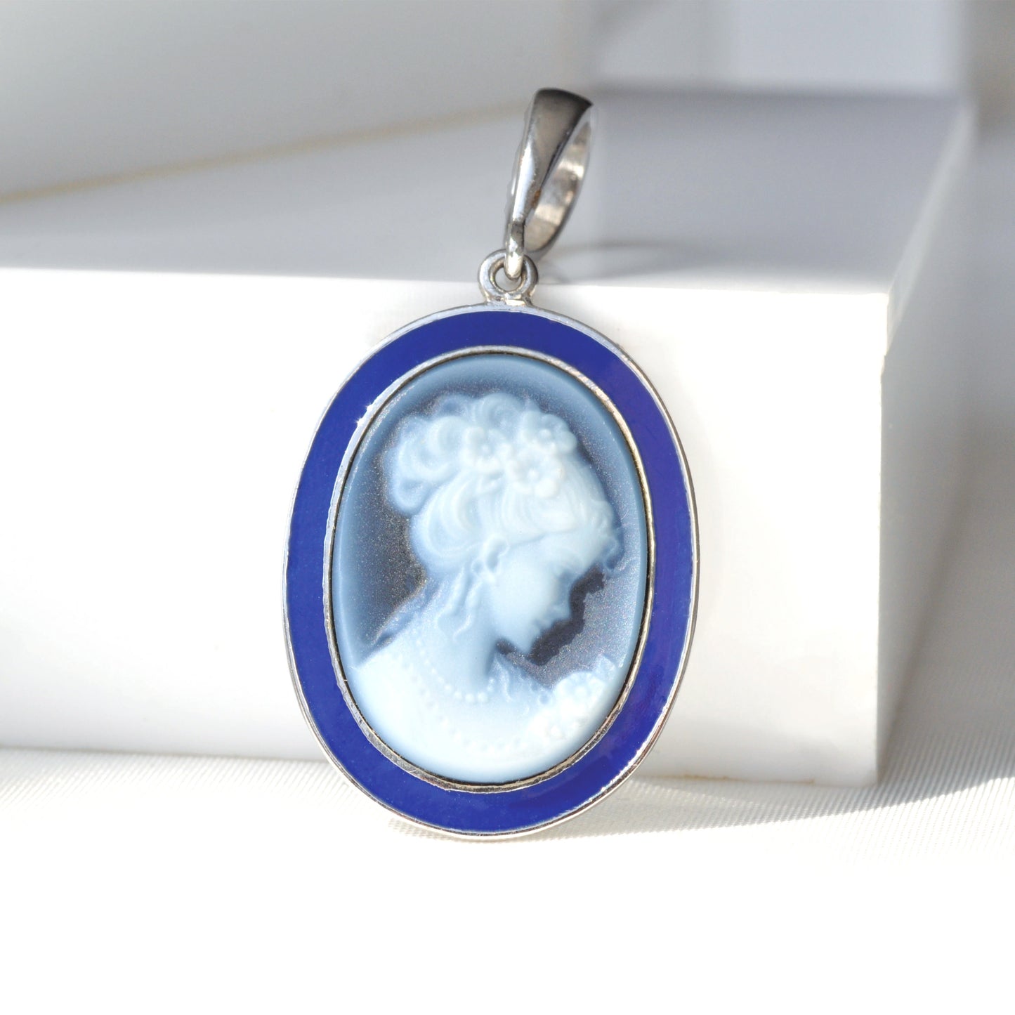 Cameo Lady Blue Enamel Pendant