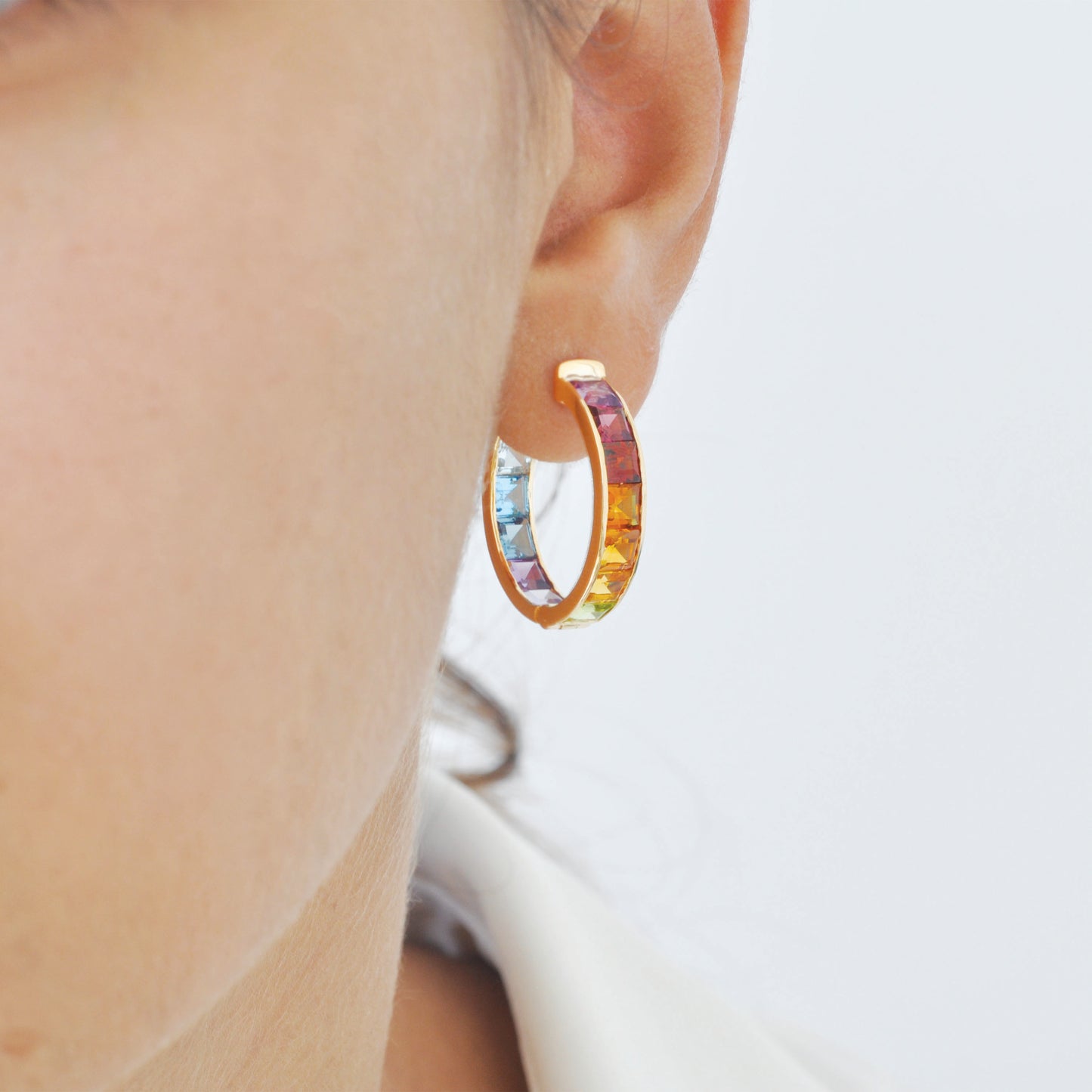 18K Gold Rainbow Gemstones Channel Set Hoop Earrings