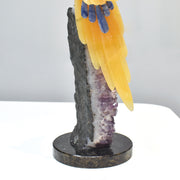 Hand-Carved Calcite Macaw with Amazonite, Fluorite and Onyx on Amethyst Base