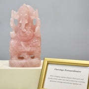 1.45 Kg Rose Quartz Ganesha Idol Hand-Carved Sculpture Religious Figurine