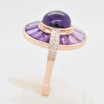 Focused photograph showing the bezel and channel-set amethysts and the sparkle of the small diamonds.