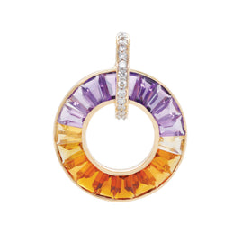 A gold-tone pendant with a circular design featuring tapered baguette-cut amethyst and citrine gemstones, with a diamond-encrusted bail.