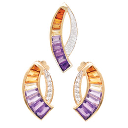 Ametrine sickle pendant and earrings set by Vaibhav Dhadda Jewelry featuring bi-color gemstones in a modern minimalist design