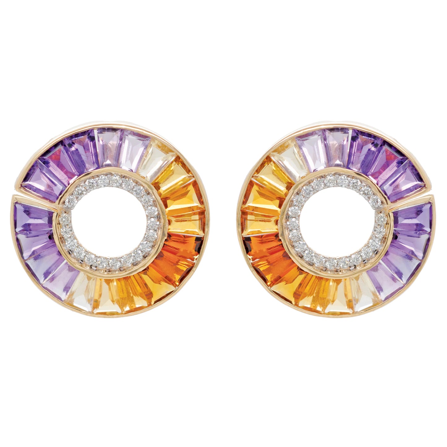 Ametrine Curve Earrings with Amethyst and Citrine Tapered Baguettes in 3D Circular Design