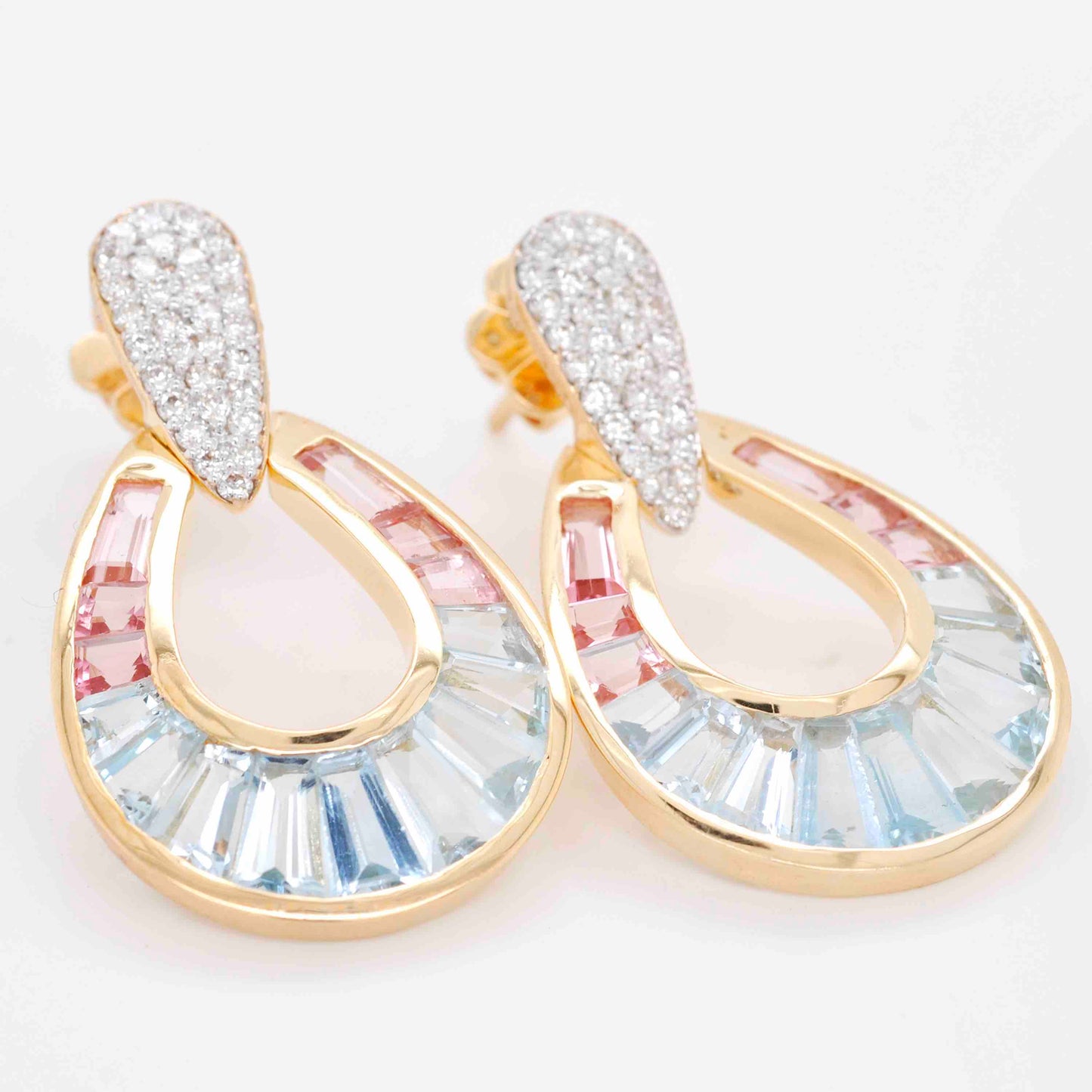 18k gold aquamarine pink tourmaline diamond dangle drop earrings