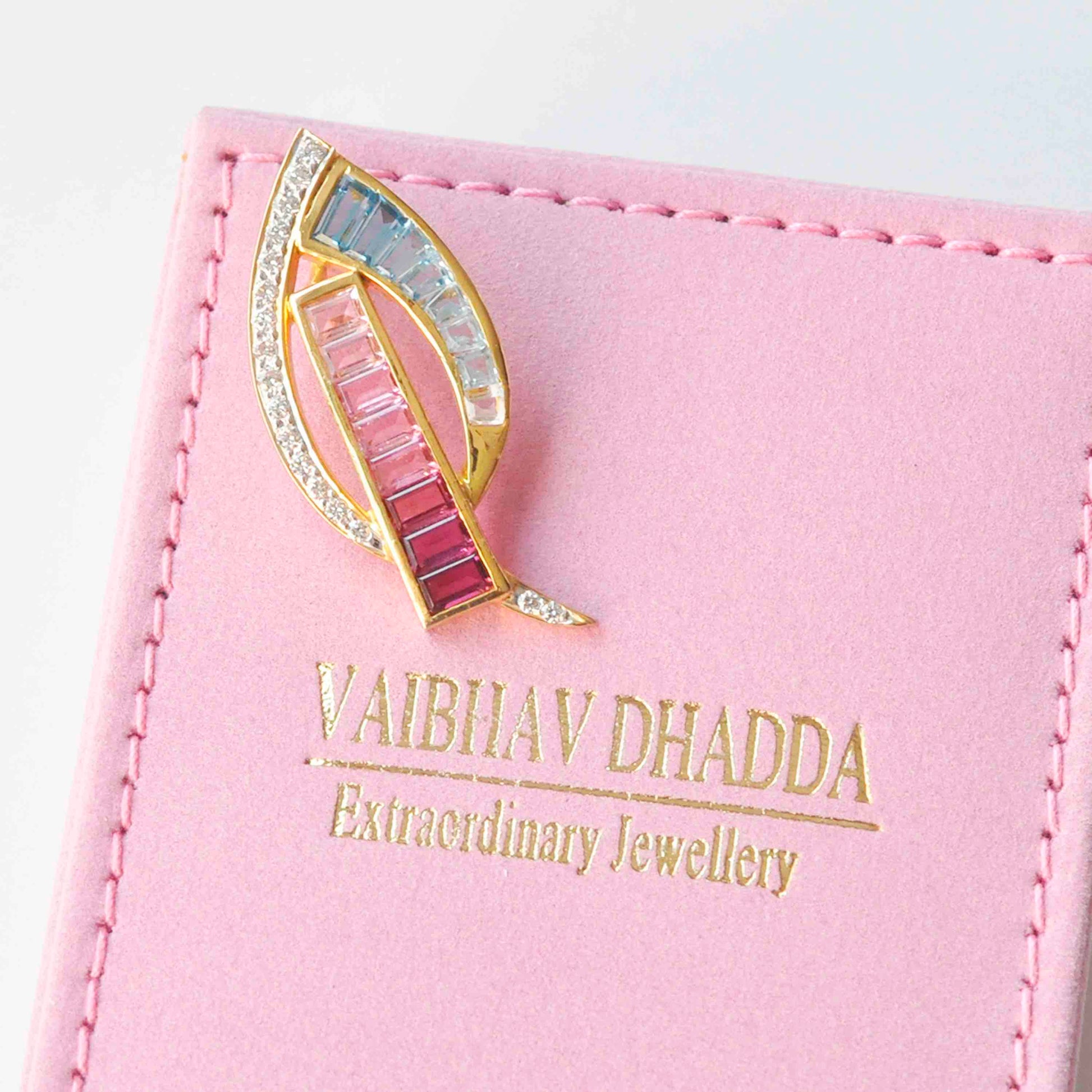 18k Gold Tapered Baguette Pink Tourmaline Aquamarine Diamond Pendant - Vaibhav Dhadda Jewelry