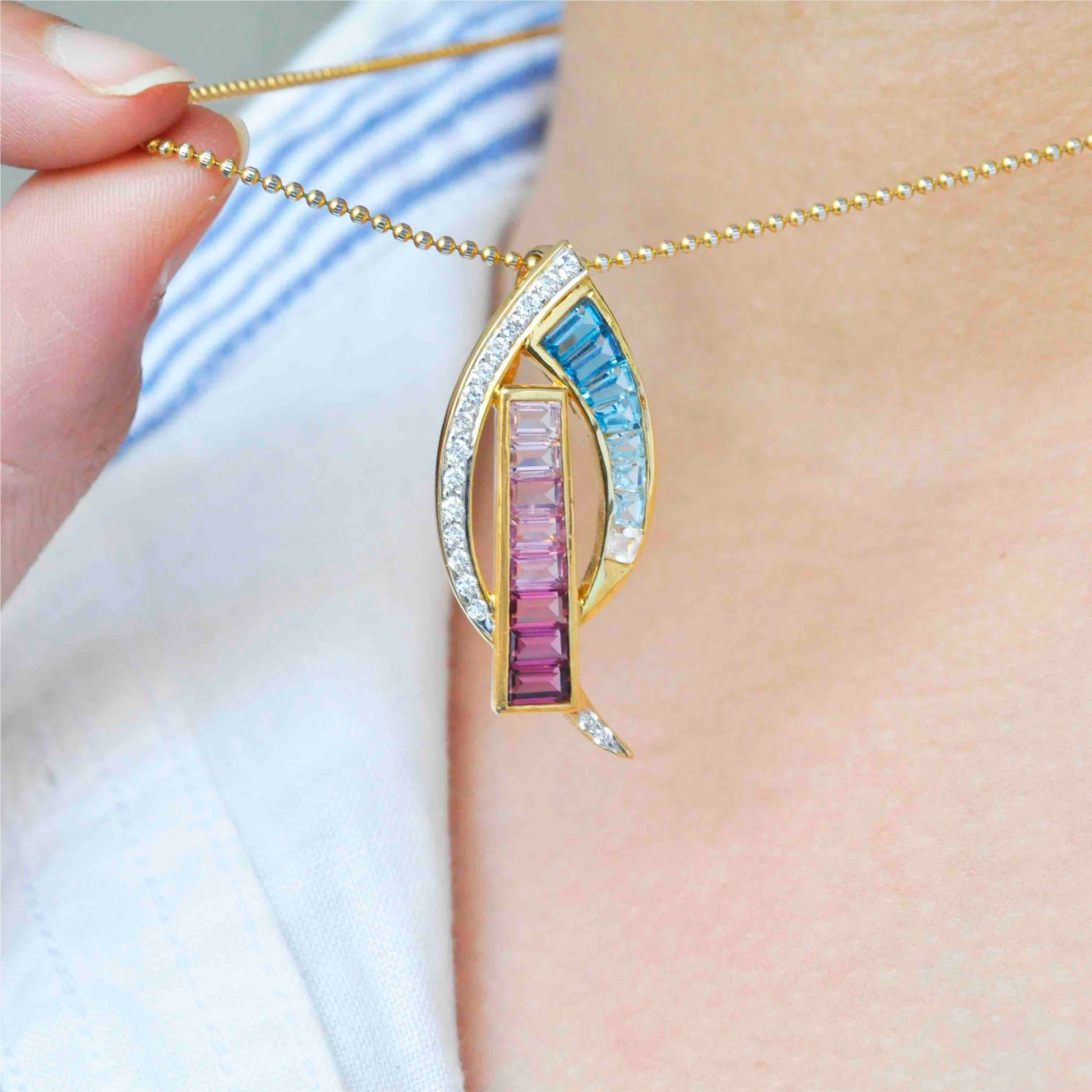 18k Gold Tapered Baguette Pink Tourmaline Aquamarine Diamond Pendant - Vaibhav Dhadda Jewelry