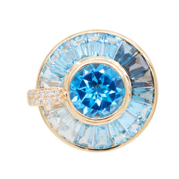 Rotating 9.46 Carats Blue Topaz Diamond Spinning Cocktail Gold Ring