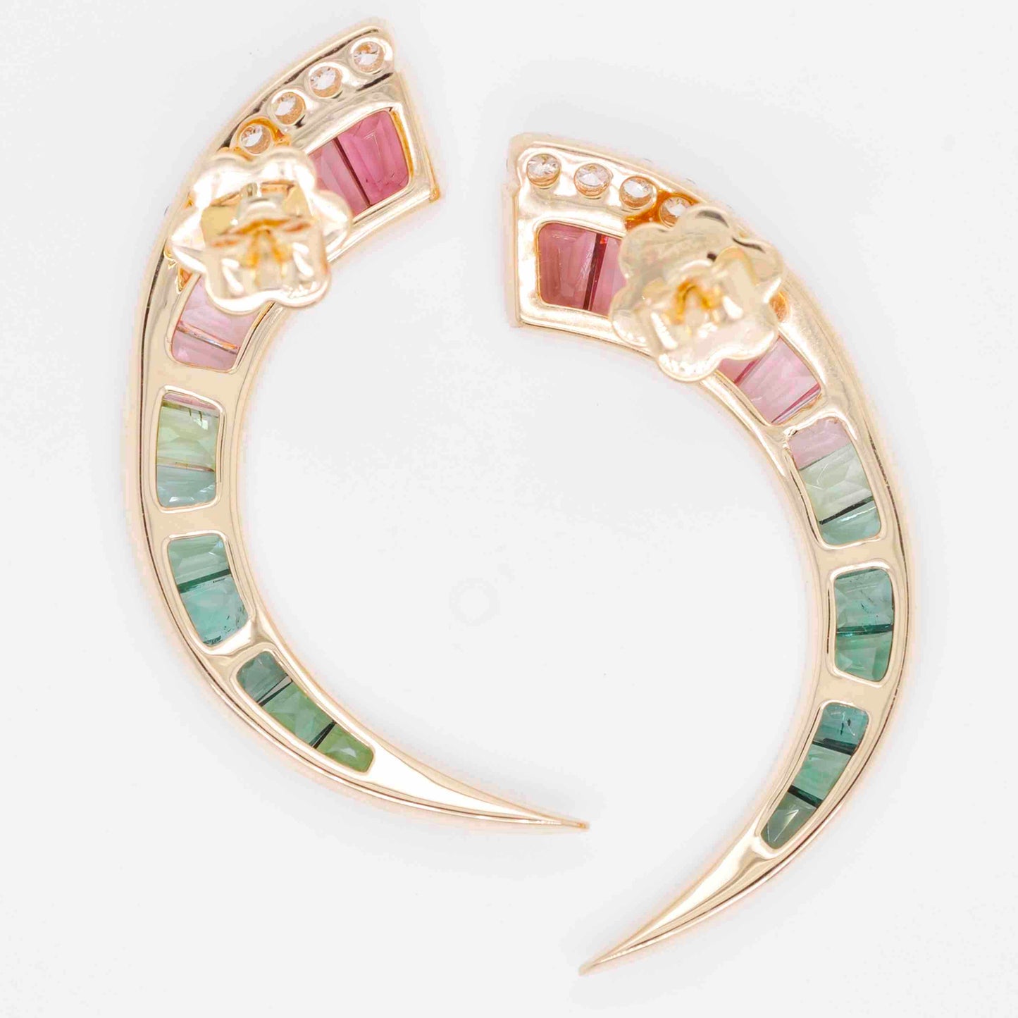 18K Gold Bi Color Tourmaline D-shaped Diamond Earrings