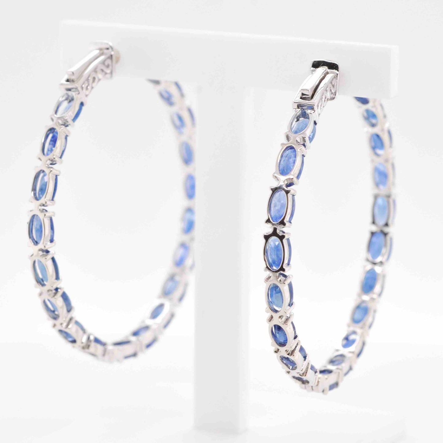 18K Gold Blue Sapphire Oval Hoop Earrings