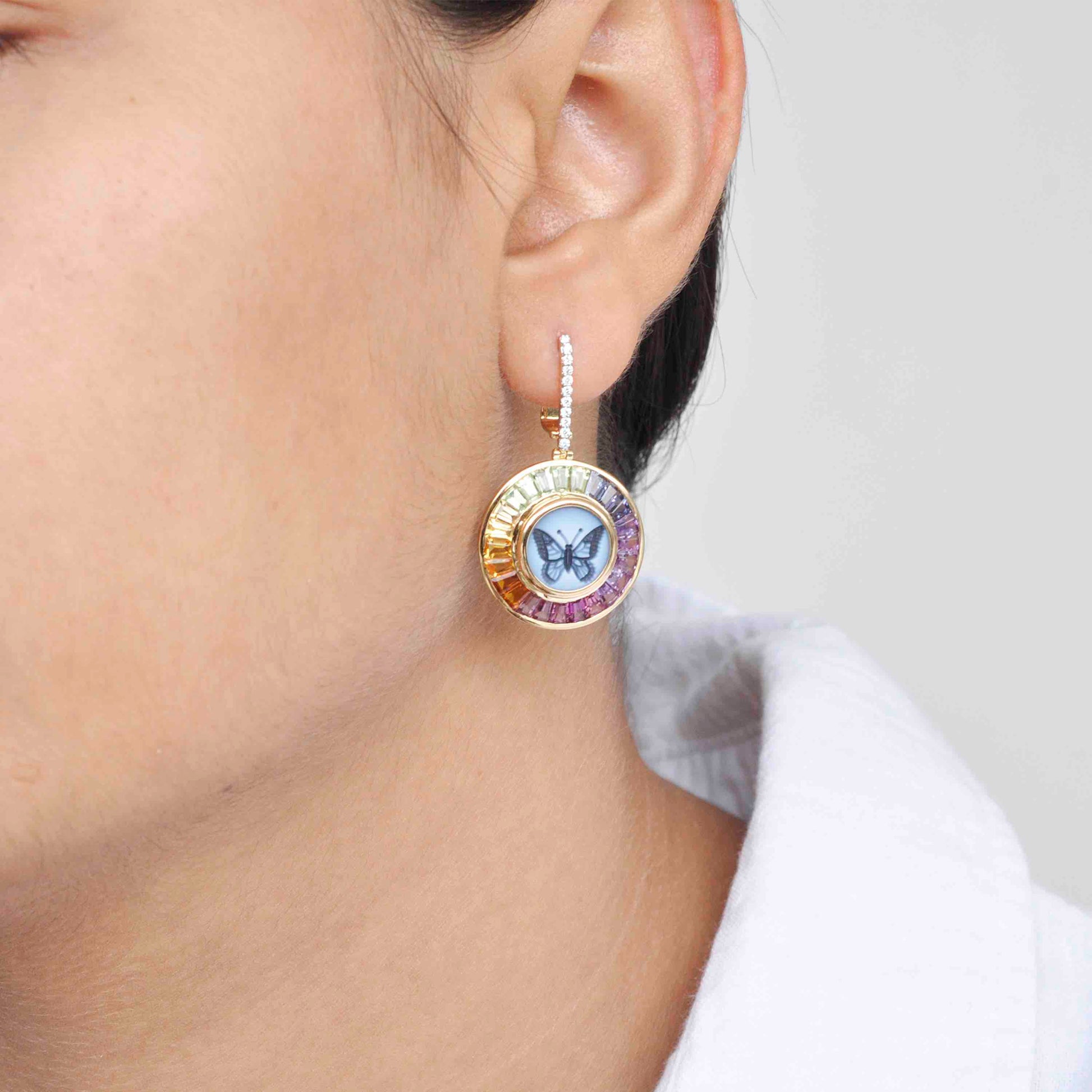 18K Gold Circle Rainbow Baguette Gemstones Butterfly Earrings - Vaibhav Dhadda Jewelry