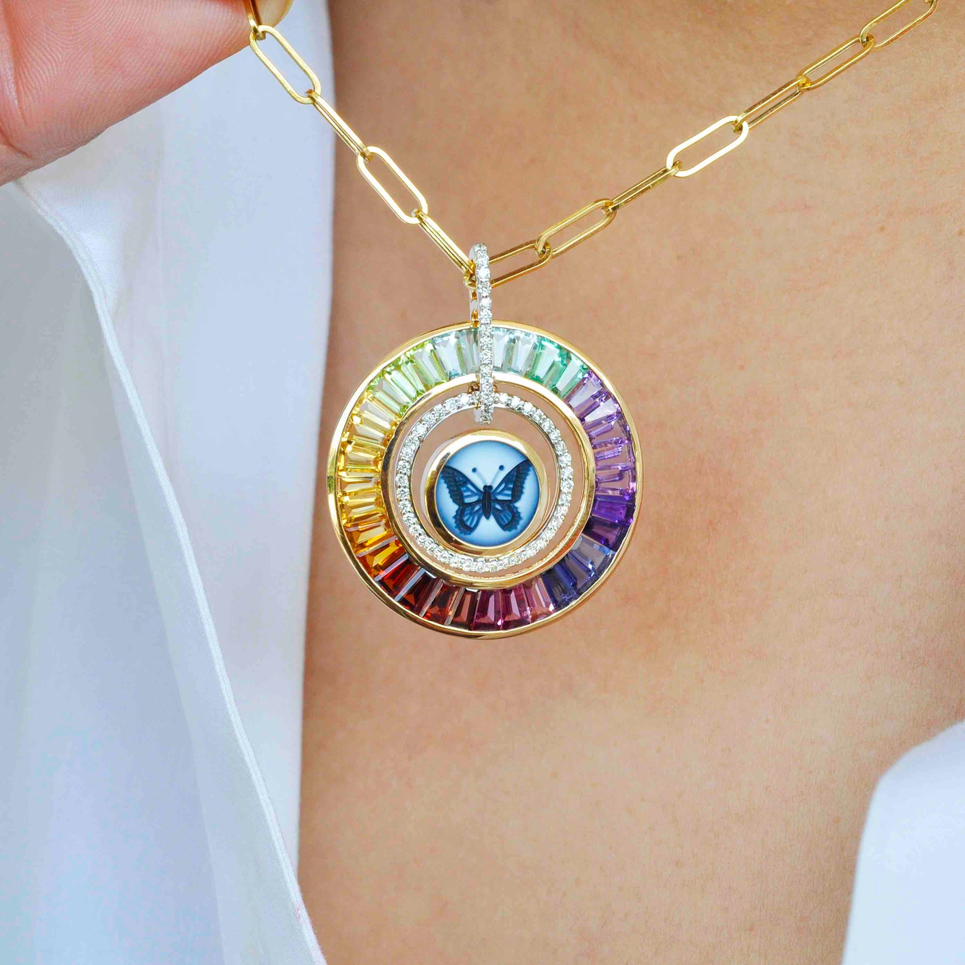 18K Gold Butterfly Rainbow Taper Baguette Gemstone Circle Pendant - Vaibhav Dhadda Jewelry