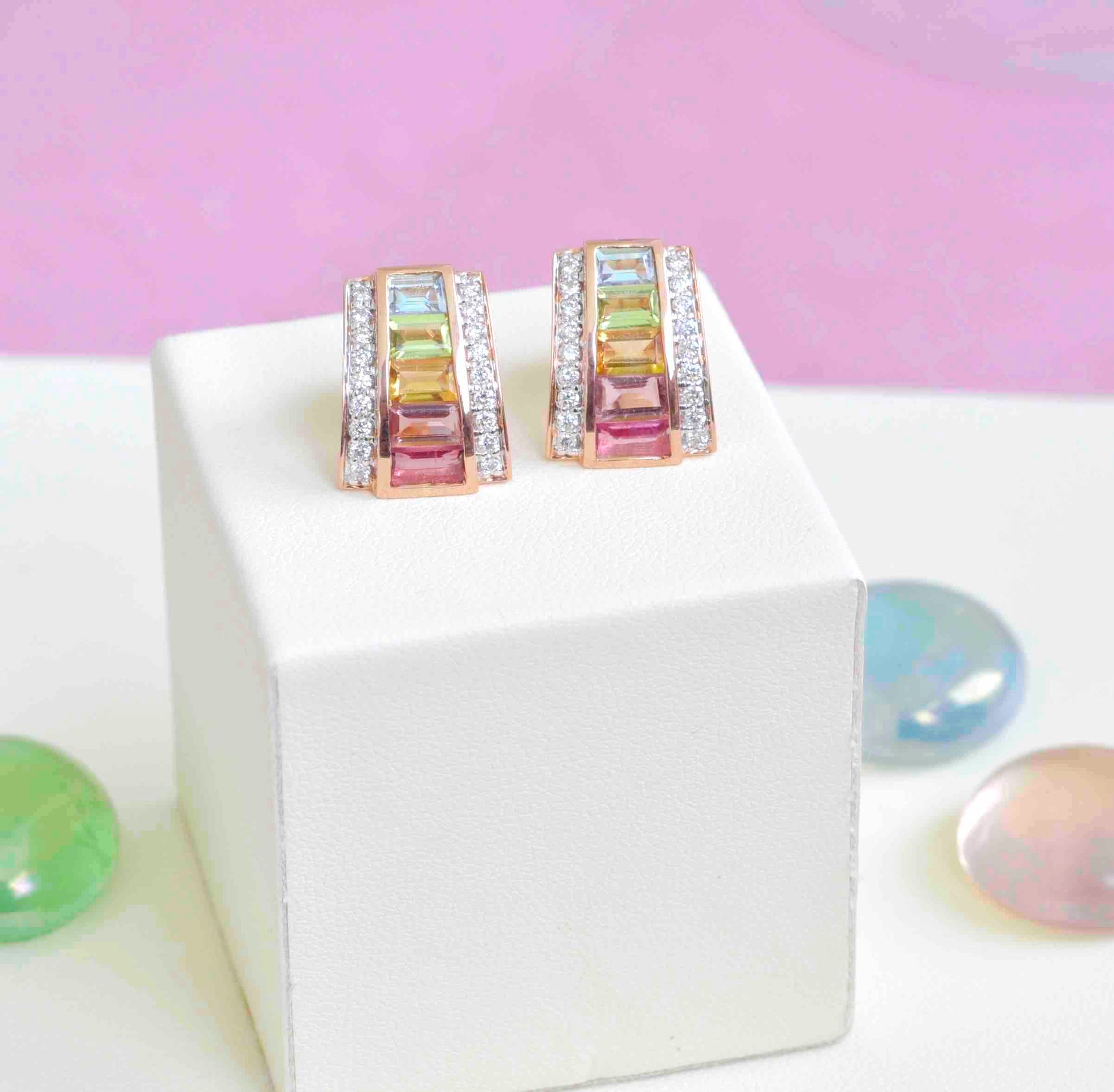 18K Gold Pyramid Channel-Set Rainbow Gemstones Stud Earrings - Vaibhav Dhadda Jewelry