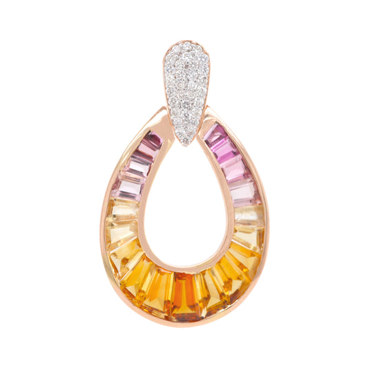 Pendentif goutte de pluie diamant tourmaline rose citrine or 18 carats