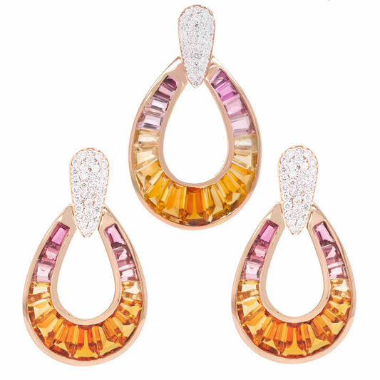 18K Gold Citrine Pink Tourmaline Diamond Raindrop Set - Vaibhav Dhadda Jewelry