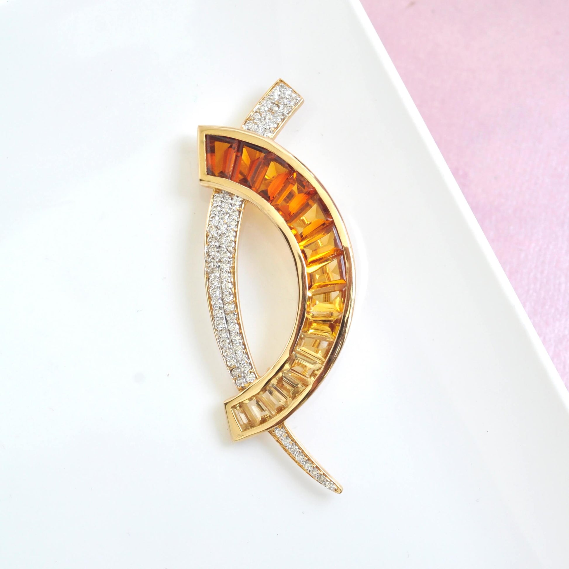 18K Gold "D" Channel-Set Citrine Diamond Pendant Brooch - Vaibhav Dhadda Jewelry