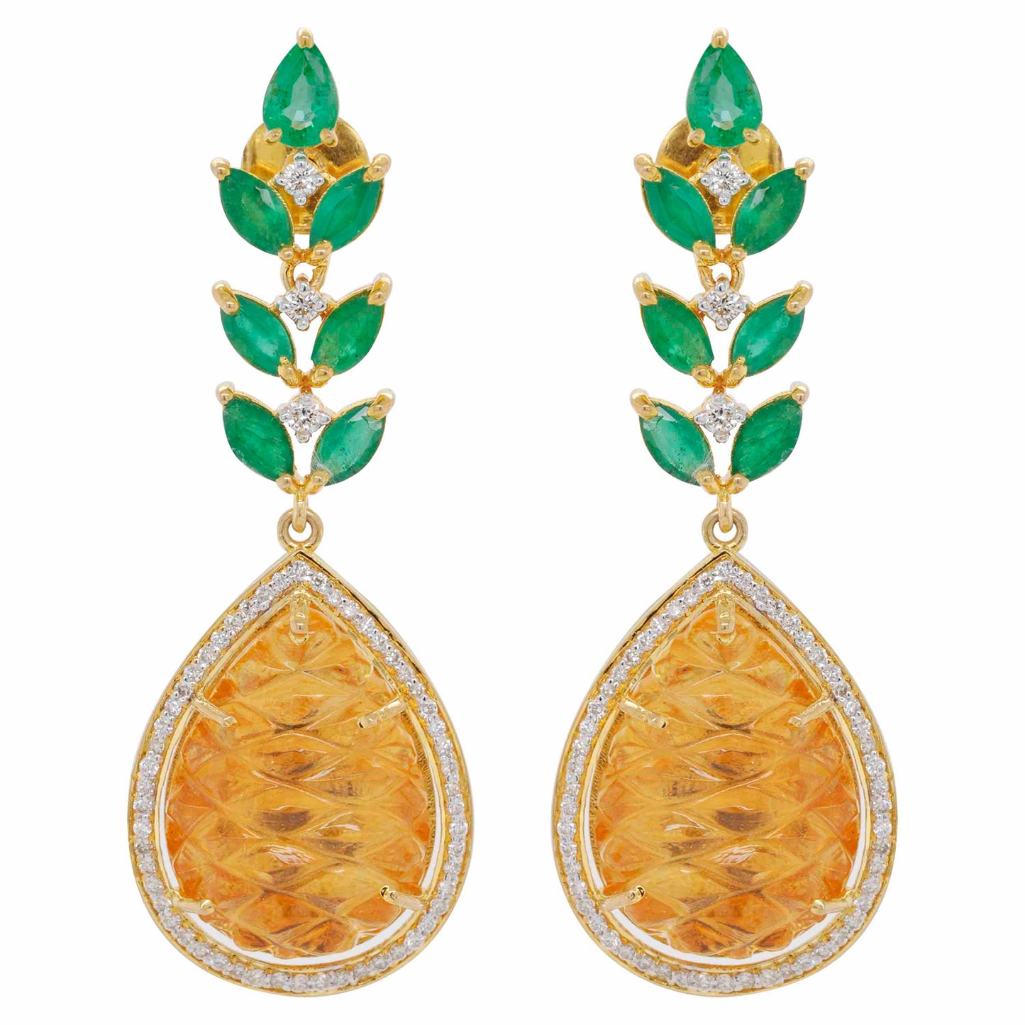 Pineapple Carved Citrine Emerald Earrings
